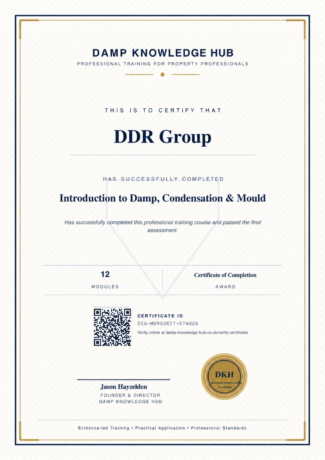 DDR Group: Damp, Condensation & Mould certificate from Damp Knowledge Hub