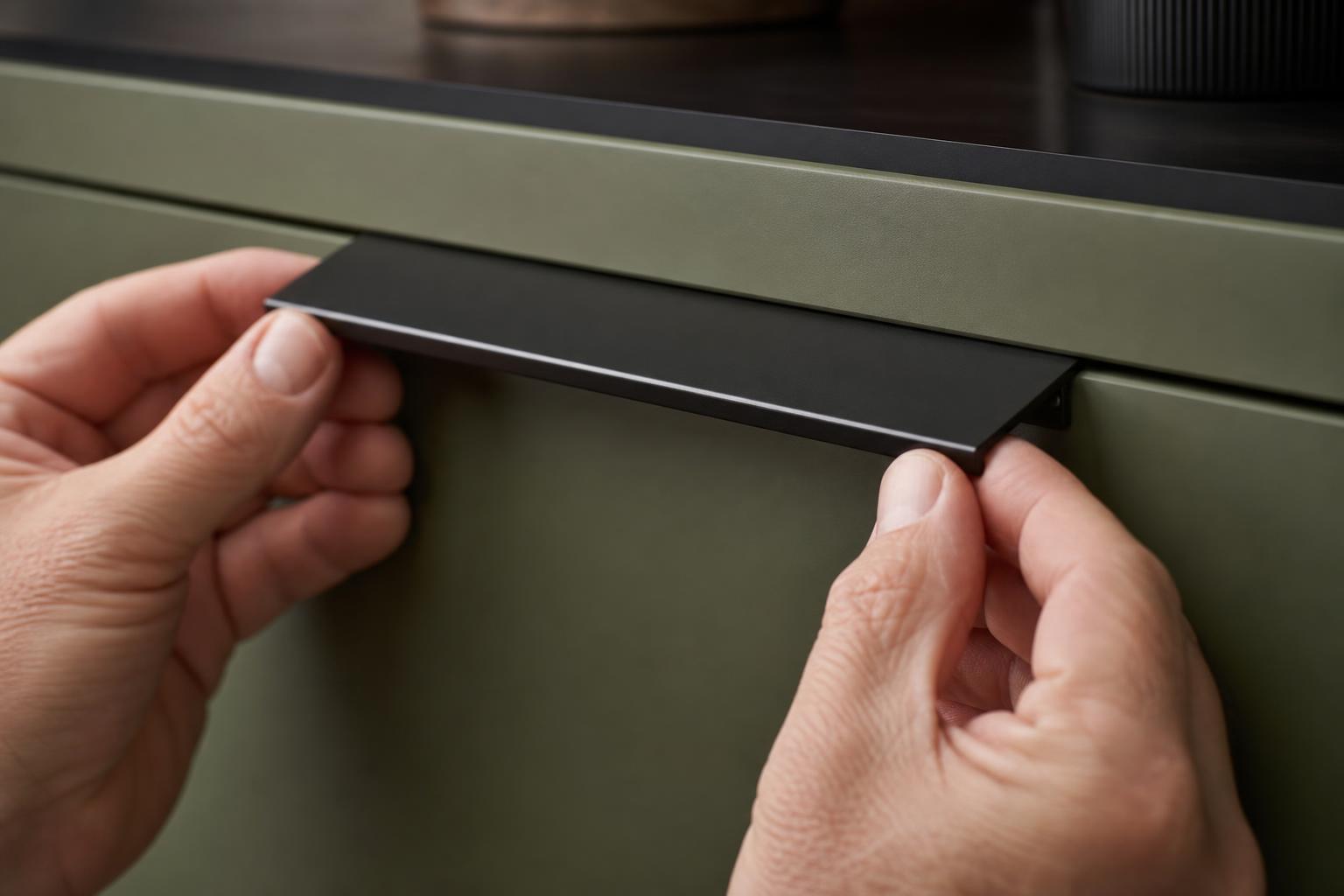 Brass cabinet handle being fitted