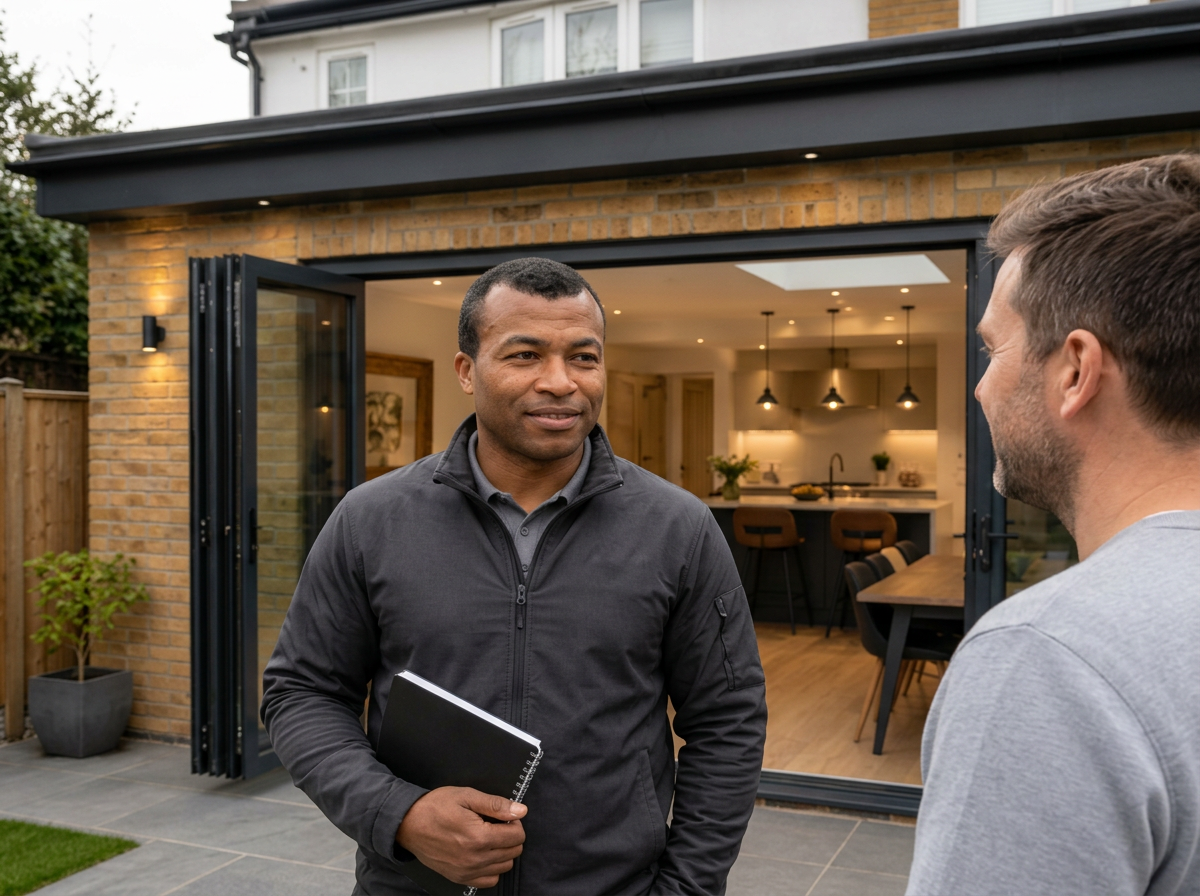 DDR Group site manager meeting a client outside a finished rear extension