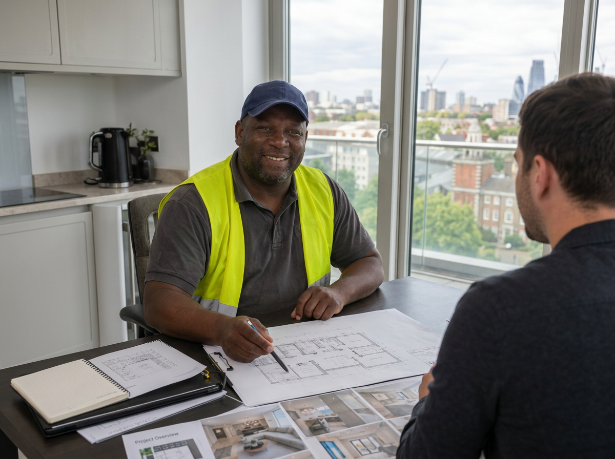 DDR Group project lead reviewing architectural plans with a homeowner