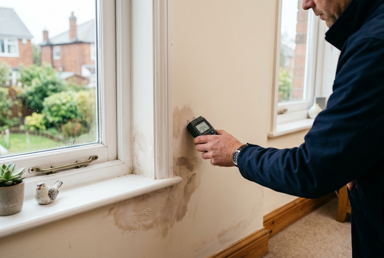 Illustrative damp survey using a moisture meter beside a window
