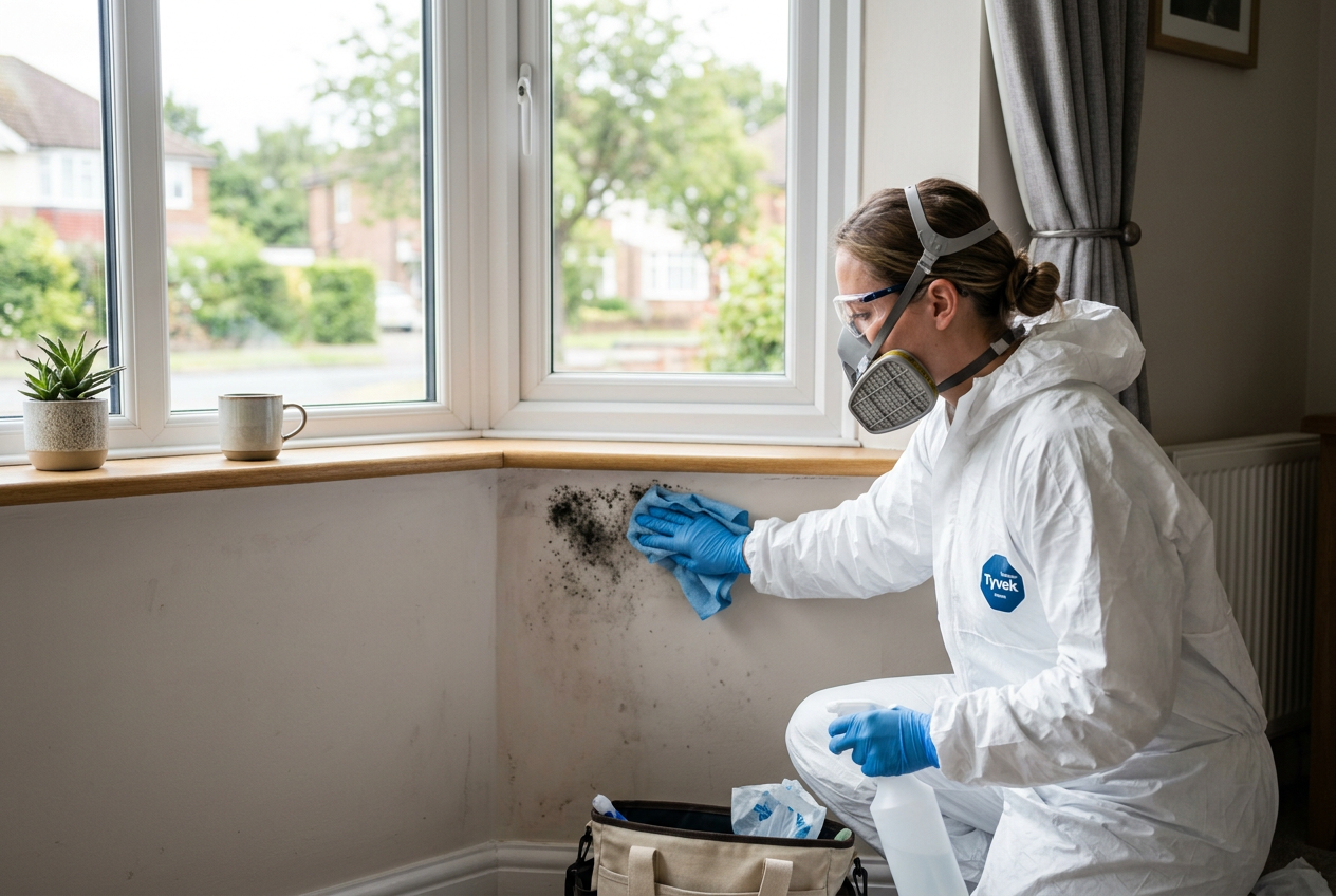Illustrative mould treatment by a technician wearing protective equipment