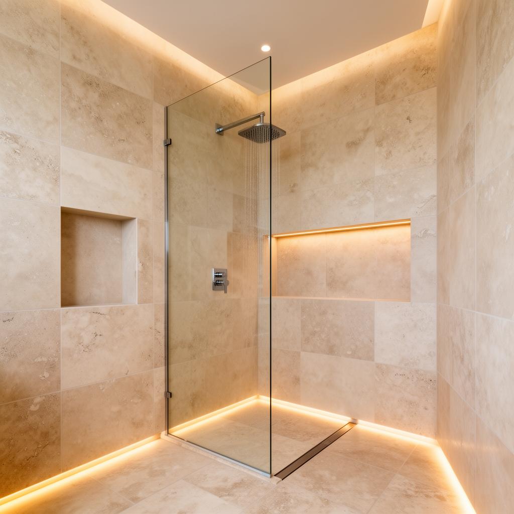 DDR Group high-end bathroom installation, Travertine wetroom, Kensington